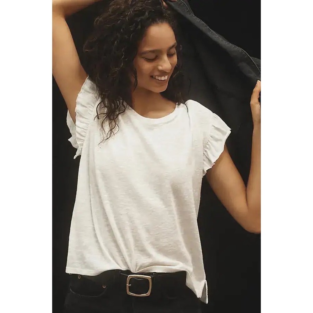 Pilcro Womens Heritage Ruffle Tee XS White Slub Cotton Flutter Sleeve Minimalist